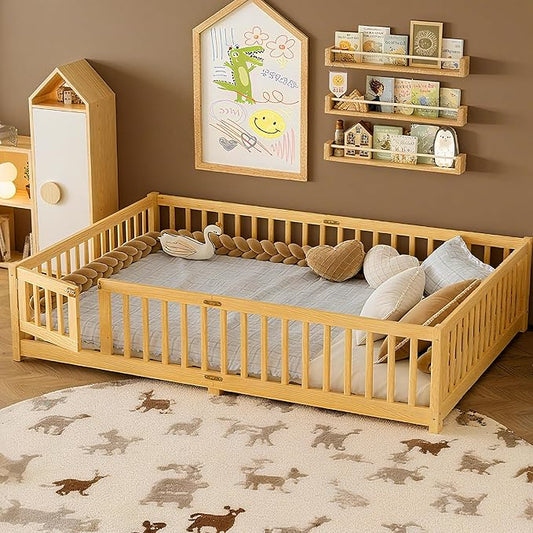 Bellemave Queen Floor Bed Frame with Rails and Door, Solid Wood Montessori Queen Size Floor Bed for Kids, Low Profile Montessori Beds with Removable Slats, Natural