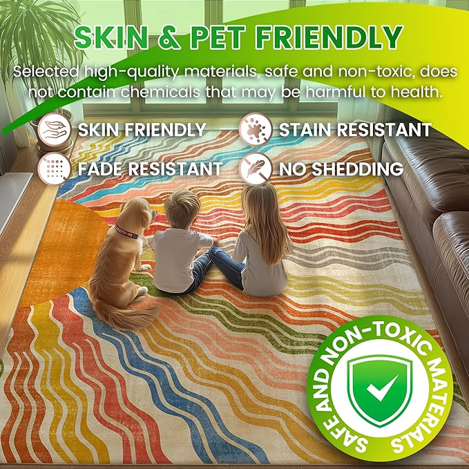 Washable 3x5 Sun Area Rug for Living Room, Rainbow Sun Modern Retro Large Area Rugs, Ultra Thin Low Pile Lightweight Soft Indoor Floor Carpet with Non-Slip Backing for Bedroom Kids Nursery Play Room