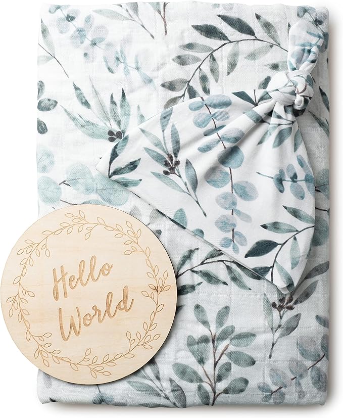Miaoberry Organic Muslin Swaddle Blankets with Matching Hat and Wooden Hello World Newborn Sign | Eucalyptus Newborn Photography Props | Birth Announcement Sign