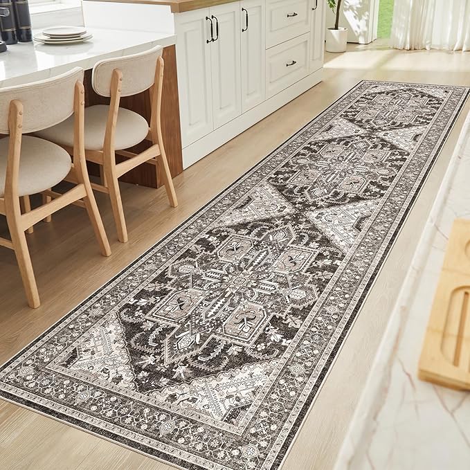 WITSHOCK Black Wshable Runner 3x12: Long Runner Rug Boho Soft Low Pile Stain Resistant Foldable Carpet for Bedroom Hallway Entryway Kitchen Indoor Entrance, Vintage Distressed Farmhouse Home Decor