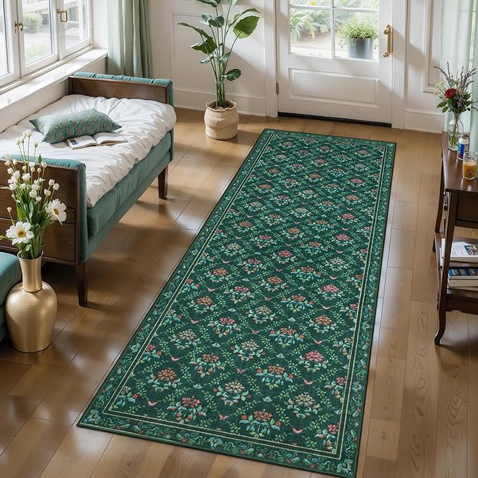 Tangsoo 2x6 Washable Runner Rug for Hallways, Non Slip Moroccan Trellis Green Floral Carpet Runner, Soft Low Pile Floor Carpet Runner for Kitchen, Laundry, Bedroom, Bathroom, Living Room Home Decor