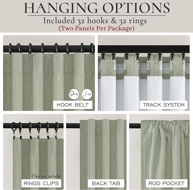 Sage Green Blackout Linen Curtains 108 Inches Long for Living Room Bedroom, Pleated Window Track Curtain with Pin Hooks Belt Boho Light Green Drapes Thermal Insulated (50"Wx108"Lx2Panels) Back Tab