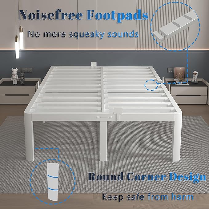 16 Inch White King Size Bed Frame, Metal King Bed Frame with Baffles, No Box Spring Needed, Heavy Duty Steel Platform Support, Round Corner Legs, Reserved Holes, Storage Space, Noiseless