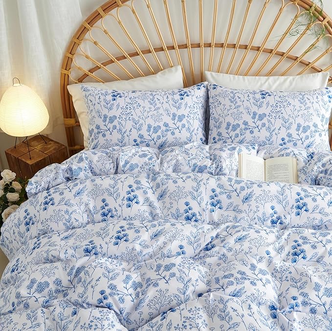 Floral Duvet Cover Queen Size Blue White Romantic Floral Bedding Set 3Pcs Spring Cottagecore Garden Botanical Reversible Coquette Comforter Cover with Zipper Closure and 2 Pillowcases
