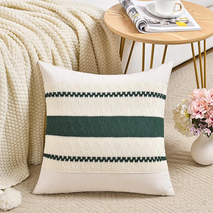 Fancy Homi Set of 2 Dark Green Boho Big Decorative Throw Pillow Covers 24x24 Inch for Couch Bed Sofa Bedroom Indoors, Modern Farmhouse Vintage Forest Green Living Room Decor