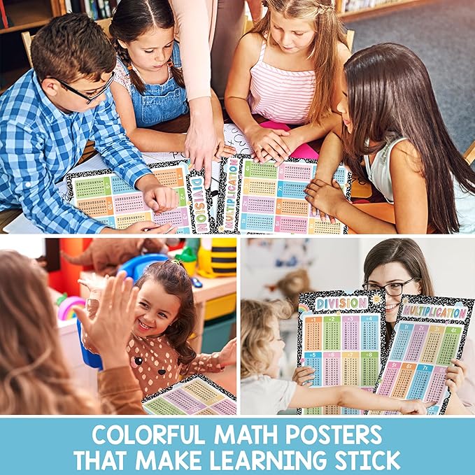 BEAWART Multiplication Chart, 2 Pcs Educational Math Posters for Classroom, Laminated Multiplication & Division Poster, Back To School Mathematics Bulletin Board Must Haves, Composition Notebook