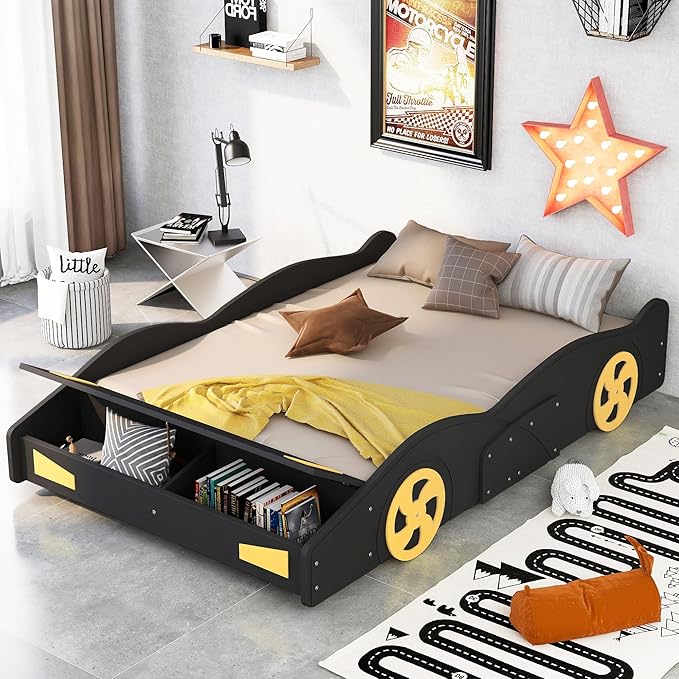 Full Size Car Bed with Storage, Race Car Shaped Bed with Wheels, Wood Car Floor Bed Frame for Teens, Wooden Slats Support, Easy Assembly, Black and Yellow