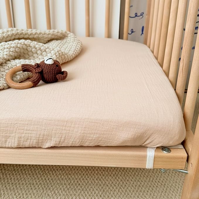 BuLuTu Muslin Standard Crib Sheets Fitted, 2 Pack, Baby Crib Sheets for Standard Crib Mattress 52"x28", Soft Cotton Toddler Bed Sheets, 360°Mattress Wrapping, Beige & Green