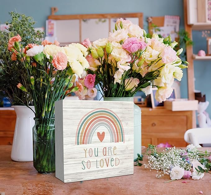 SRADMO You Are So Loved Rainbow Heart Wood Box Sign Desk Decor 8x8, Kids Inspirational Quotes Wooden Block Box Sign Decoration For Kids Room Nursery Playroom Shelf Table Decor