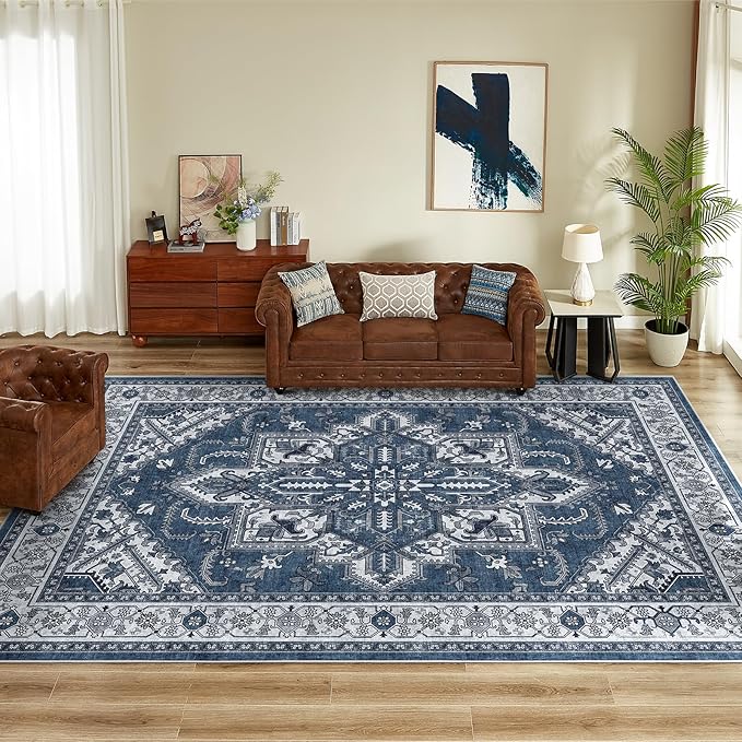 WITSHOCK Living Room Area Rugs 10x14: Washable Rug Boho Soft Non-Slip Low Pile Stain Resistant Foldable Carpet for Bedroom Playroom Dining Room Office Kitchen Farmhouse Home Decor Rug-Blue