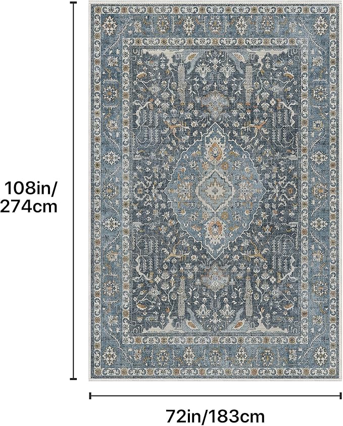 GENIMO Area Rug 6'x9', Vintage Large Rugs with Non-Slip Backing, Ultra-Thin Low Pile Soft Woven Fiber Carpet for Living Room, Bedroom, Dining Room, Nursery, Blue Black