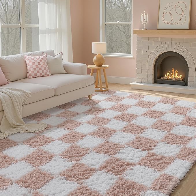 Checkered Rug 9x12 for Living Room, Pink and White Modern Shag Rug Washable Non-Slip Large Area Rug Super Soft Indoor Fuzzy Carpet Fluffy Rugs for Bedroom Home Aesthetic Decor