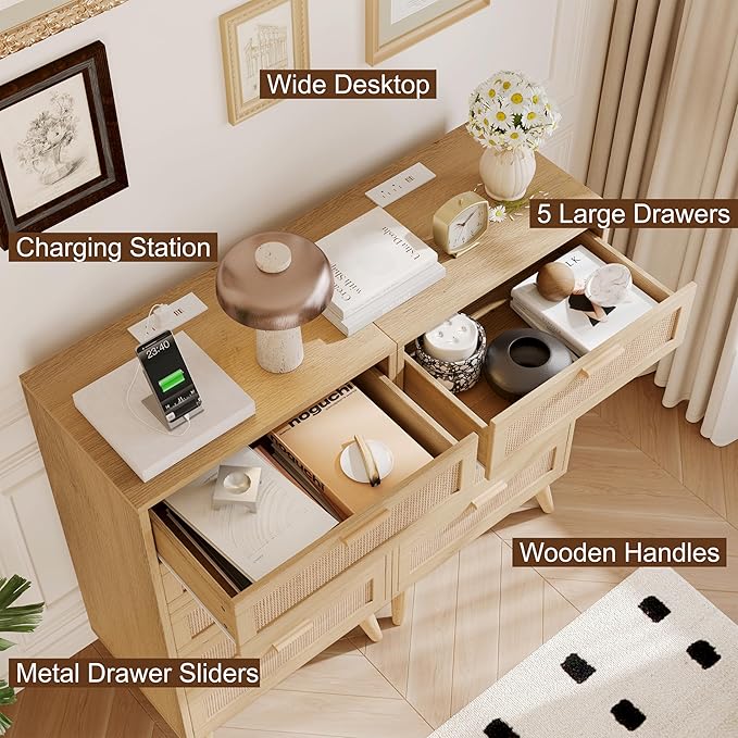 Rovaurx 5 Drawer Dresser for Bedroom, Rattan Chest of Dressers with Charging Station, Modern Dresser Chest with Wooden Handles, Beside Table for Closet, Living Room and Entryway, Natural RDG005M