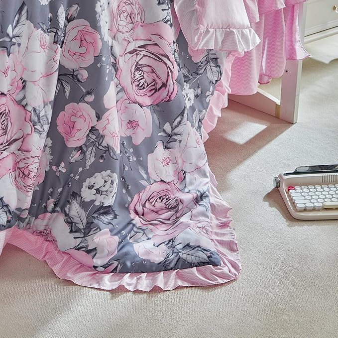 3 Pieces Flowers Mini Crib Bedding Set Baby Ruffled Quilted Comforter with Fitted Sheet and Bed Skirt - Cute Ruffled Shabby Chic Baby Bedding Soft Gray Pink Rose Floral Design