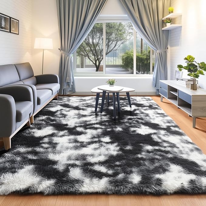 ONASAR Black and White Rugs for Bedroom Living Room, Washable Fluffy 4x6 Indoor Bedside Floor Throw Area Rug, Soft Plush Shaggy Carpet for Nursery Kids Girls Boys Teen Dorm Home Decor Aesthetic