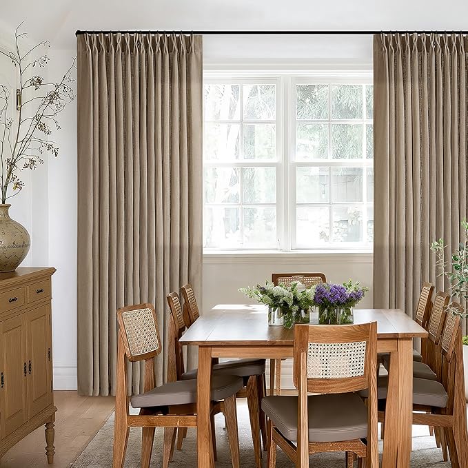 Tan Brown Linen Pinch Pleated Curtains 108 Inches Long 2 Panels for Living Room Bedroom Light Filtering Drapes 108 Inch Length Light Brown Latte Semi Sheer Memory Shape Trained Ceiling Floor Curtain