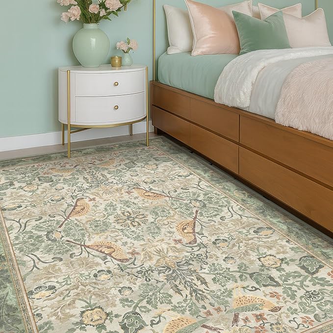 Washable Sage Green Area Rugs 5x7 for Living Room, Bedroom Bedside, Dinning Room, Office with Elegant Botanical Bird Pattern, Muted Green Non Slip Stain Resistant Low Pile French Country Decor