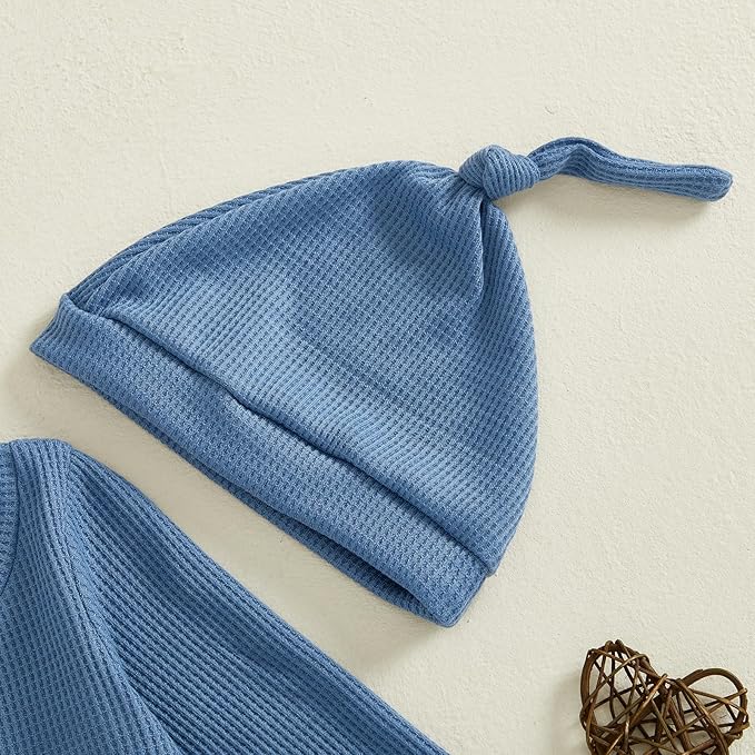 Hello I'm New Here Newborn Outfit Boy Letter Embroidery Waffle Knit Long Sleeve Footed Jumpsuit Coming Home Outfit Hat