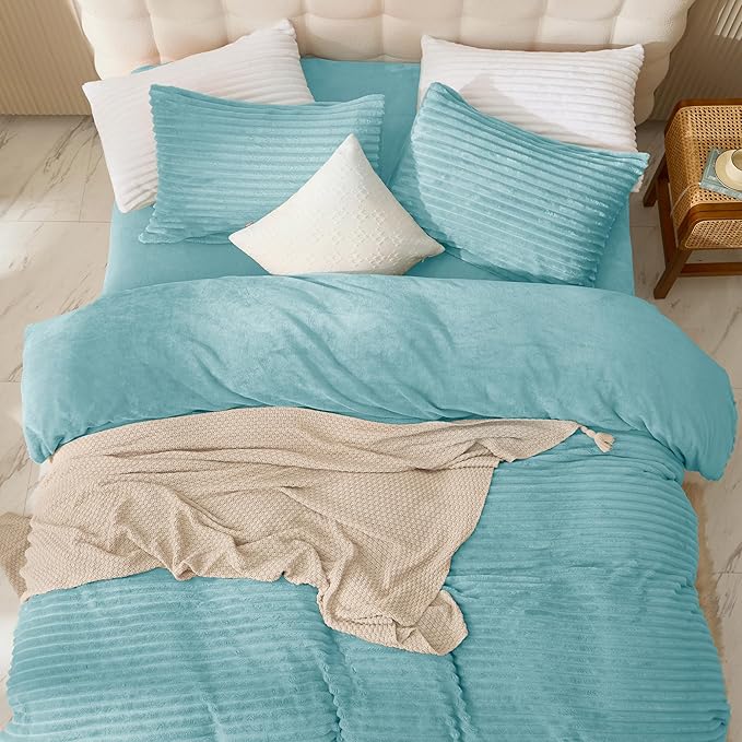 JELLYMONI Plush Duvet Cover Set - King Size Baby Blue Striped Fluffy Comforter Cover 3pcs Bedding Set Luxury Ultra Soft Faux Fur Duvet Cover with Zipper and 2 Pillowcases (NO Comforter)