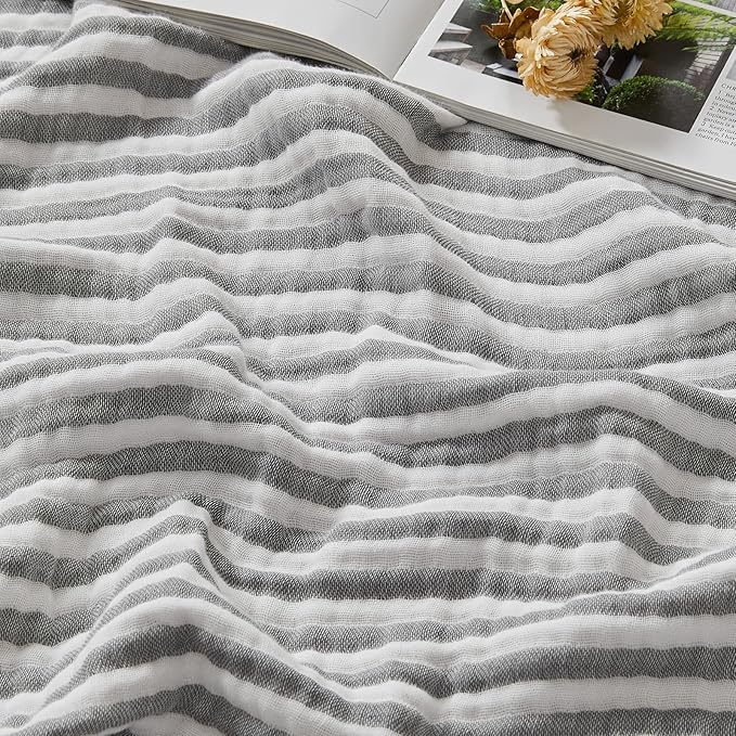 EMME Cotton Muslin Large Throw Blanket Couch Breathable Gauze Soft Lightweight Bed Blankets Adults (Striped Grey, 50"x70")