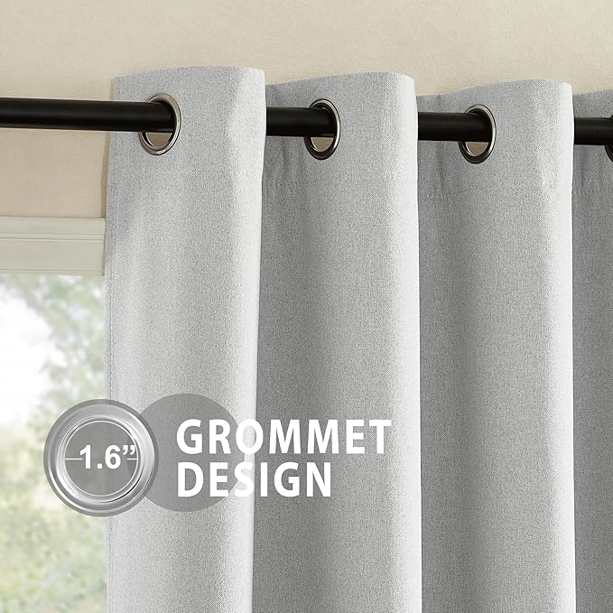 NICETOWN 100% Absolutely Blackout Faux Linen Curtains with Thermal Insulated White Liner, Greyish White, W52, 2 Pieces, Noise Reducing Faux Linen Look Curtains for Windows 95" Length for Classroom
