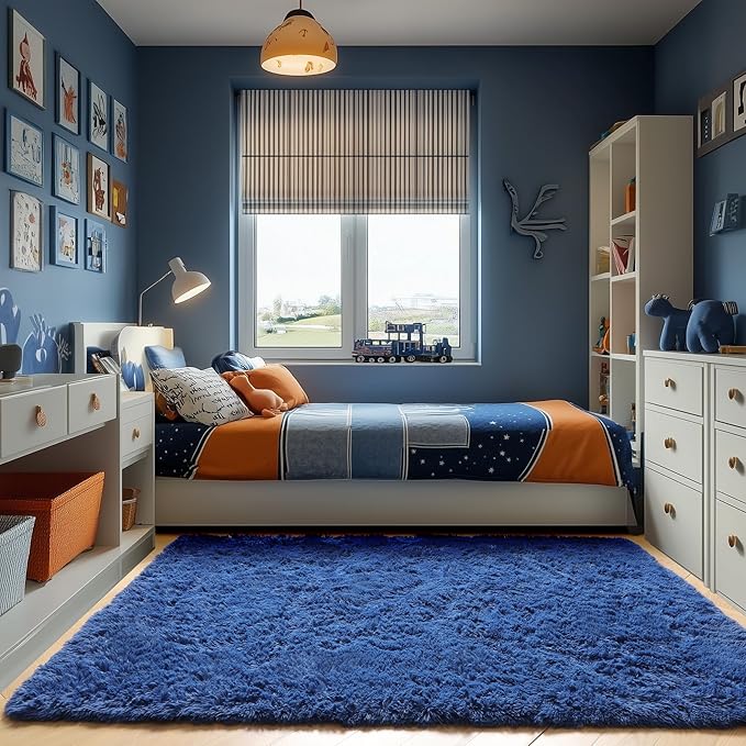 ONASAR Navy Blue Area Rugs for Living Room Bedroom, 5x8 Fluffy Bedside Rug, Washable Soft Plush Fuzzy Shaggy Indoor Floor Carpets for Nursery Kids Boys Girls Men Teen Playroom Home Decor Aesthetic