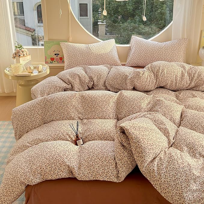LifeTB Muslin Cotton Duvet Cover Set Queen Size Vintage Floral Duvet Cover Ultra Soft Breathable Comforter Cover Chic Flower Bedding Set Linen Feel Textured Gauze Comforter Cover with Zipper Closure