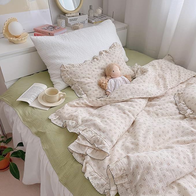 AOJIM Floral Print Kids Duvet Cover for Girls Boys, 2 Layer Muslin Cotton Baby Toddler Bedding Comforter Cover 59X79'', Ruffled Design Soft Crib Bed Duvet Protector 1pc, No Quilt or Pillowcases