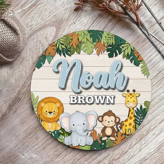 Jungle Animal Name Wooden Sign – Custom Wooden Nursery Wall Plaque with Lion, Elephant, Monkey, Giraffe, Personalized Toddler Room Decor Keepsake Gift for New Parents