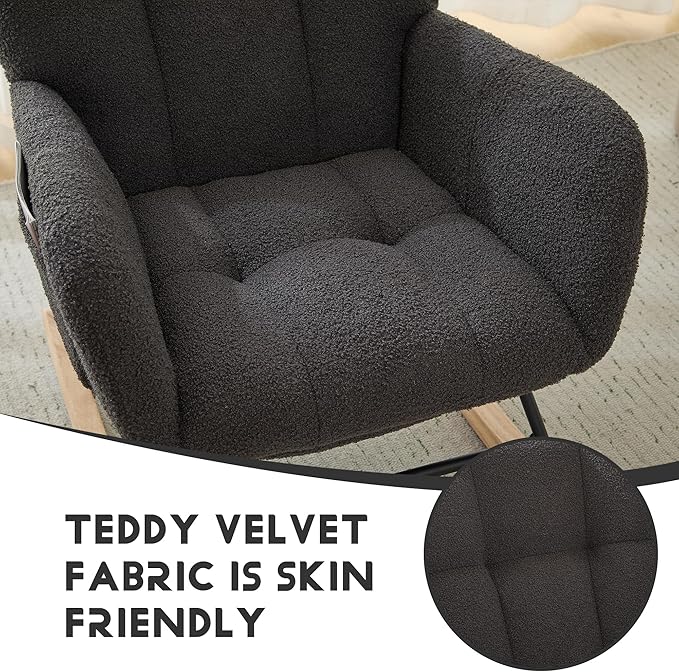 Nursery Rocking Chair Teddy Upholstered Reading Glider Rocker with Footrest Accent Chair with High Backrest Armchair Comfy Side Pocket Chair for Living Room, Bedroom, Offices (Large Grey)