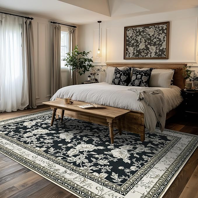 Black Boho Living Room Rug 5x8, Washable Low Pile Non Slip Area Rugs for Bedroom, Dining Room, Office, Farmhouse Retro Carpet Indoor Cream Beige Taupe Pattern Aesthetic Sketch Style Vintag Room Decor