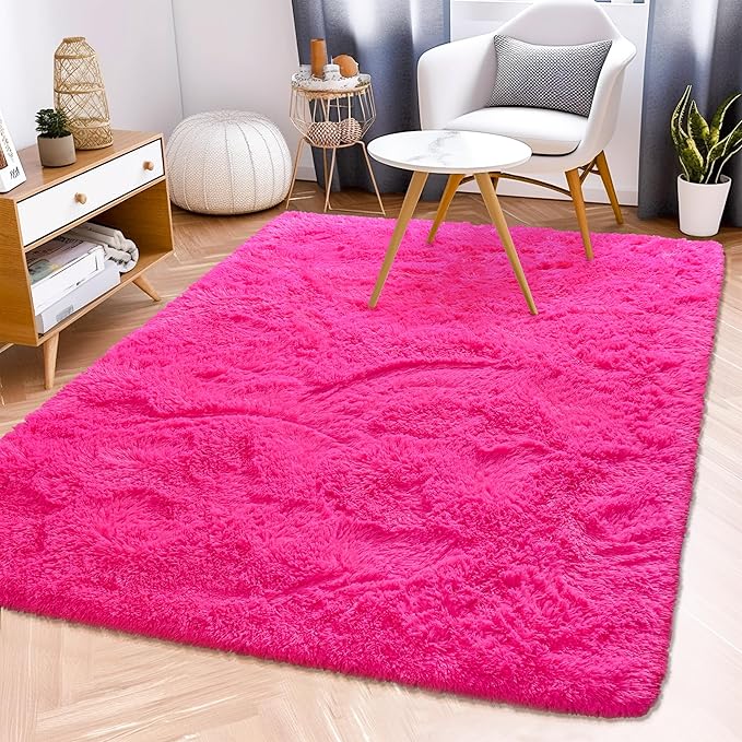Fluffy Rug Non Slip 5x7 Feet, Hot Pink Living Room Rug Modern, Super Soft Shag Plush Large Carpets for Bedroom