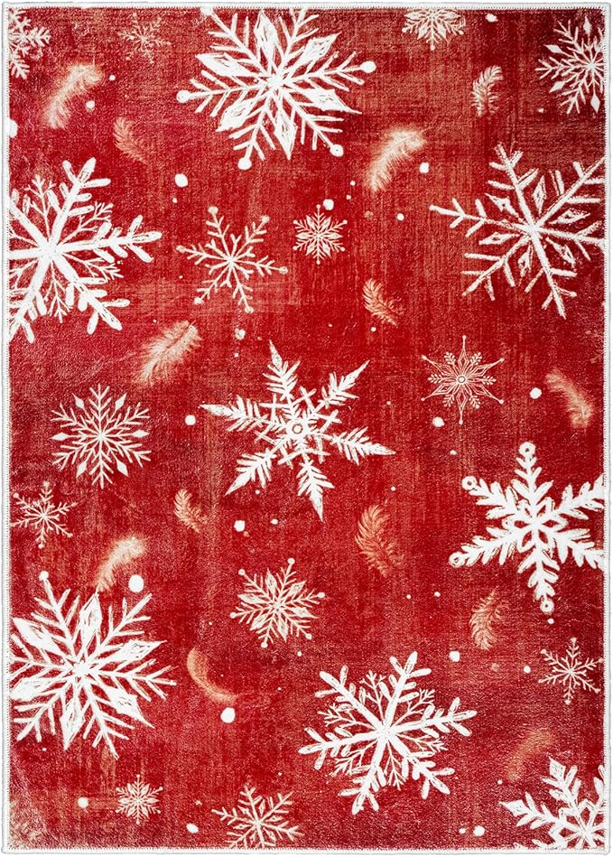 5x7 Machine Washable Christmas Area Rug, Non-Slip Floor Rugs for Kids, Low Pile Room Carpet for Living Room, Bedroom, Dining Room & Nursery(5x7 Snowflake)