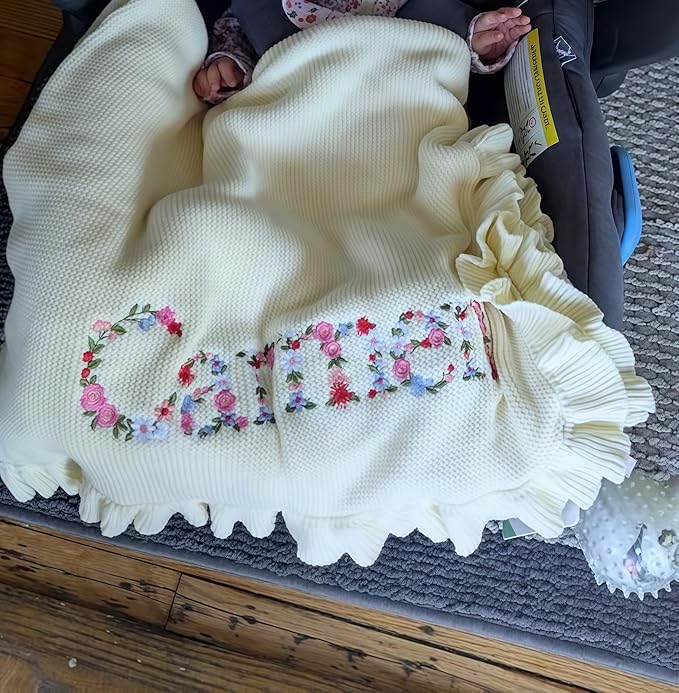 Personalized Floral Embroidered Name Blanket – Soft Cotton Knit Newborn Blanket, Custom Keepsake Gift, Cozy Cover for Girls, Unique Shower Present