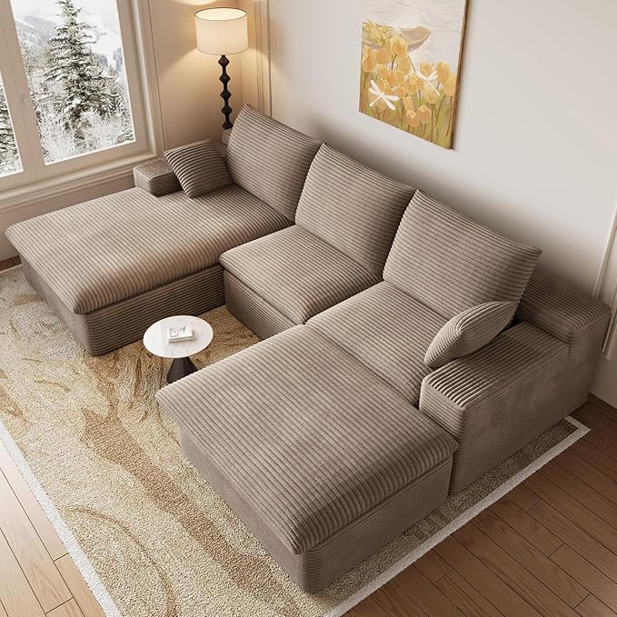 107" Cloud Modular Sectional Sofa with 1 Ottoman, Modern Upholstered Corduroy Couches, Comfort U Shaped Sofa for Living Room, Deep Seat Boneless Couch, No Assembly Required(Camel,Left Facing Chaise)