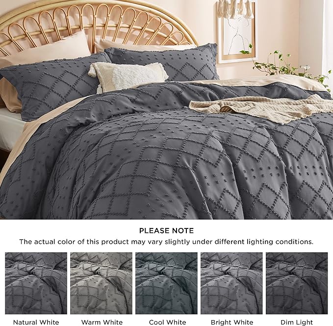 Bedsure Boho Duvet Cover Queen Size - Dark Grey Breathable & Soft Boho Bedding, Machine Washable Comforter Cover for All Seasons, Includes 1 Duvet Cover 90"x90" with 2 Pillow Shams & Zipper Closure