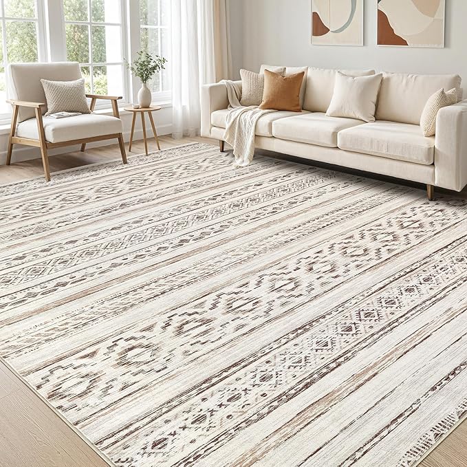 Area Rugs for Living Room Washable Living Room Rug Soft Neutral Indoor Floor Carpet Non-Slip Stain Resistant Modern Boho Rugs for Bedroom Dining Room Kids Room Nursery Office Home Cream Brown