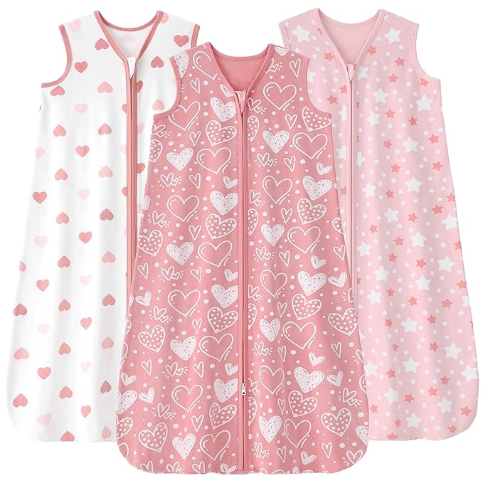 Baby Sleep Sack 0-6 Months, 100% Cotton Sleeping Sack for Newborn and Infant, 3 Pack Baby Wearable Blanket for Boy and Girl, 0.5 Tog Lightweight Double Zipper Sleep Bag Pink Heart