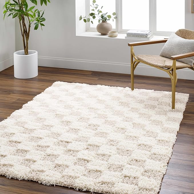 BoutiqueRugs Atira Checkered Shag Area Rug - Cream, Light Beige, Light Brown - 9'2" x 12'