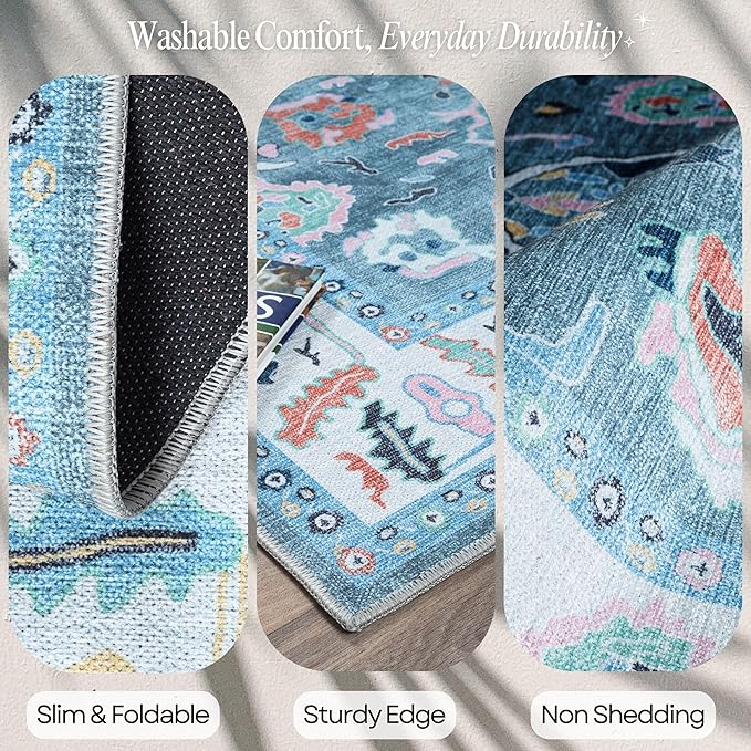 Fame Rugs Teal Modern Oushak Rug 2'6"x10, Vintage Turkish Colorful Oriental Antique Inspired Foldable Long Washable Runner Rugs, Luxury Living Room Bedroom (995T, 2'6" x 10')