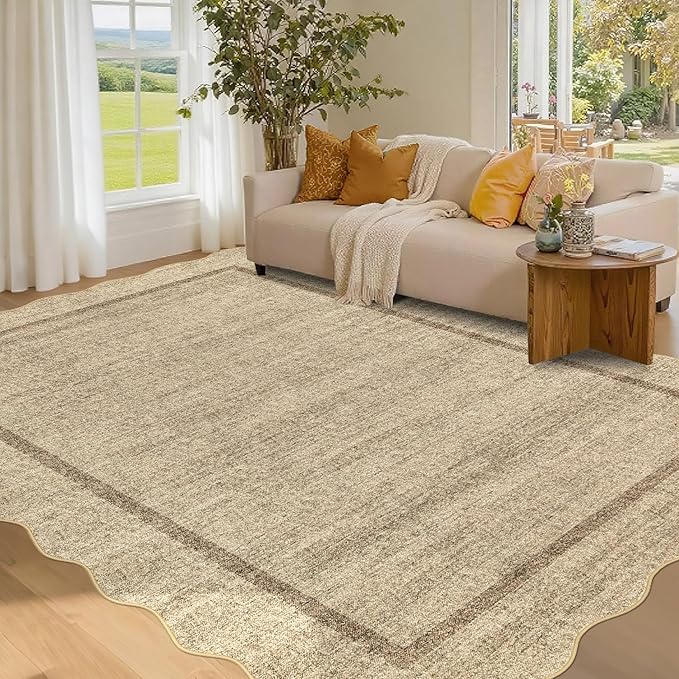 GarveeHome Scalloped Washable Rug 5x7 Area Rugs for Living Room Modern Non Slip Throw Rugs Bedroom Rugs Low Pile Soft Non Shedding Stain Resistant Carpet for Dining Room Nursery 5 ft x7 ft Jute