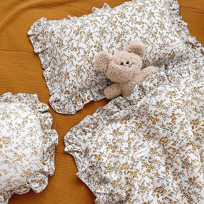 BuLuTu Soft Cotton Muslin Kids Toddler Pillowcases Hibiscus Flowers Pattern, Shabby Chic Floral Nursery Pillow Case 14"x20" for Boys Girls, Durable Pillow Cover Ruffle Edges Travel Pillow Cases