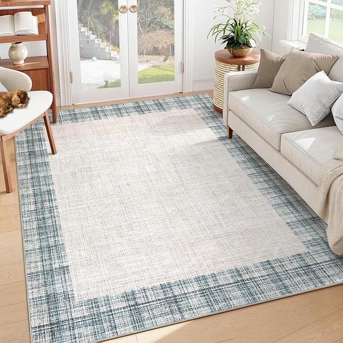 COZYLOOM Washable Area Rug 5x7 Stain Resistant Non-Slip Carpet Vintage Abstract Rug Plush Carpet for Living Room, Bedroom, Family Room, Nursery, Playroom（Blue）