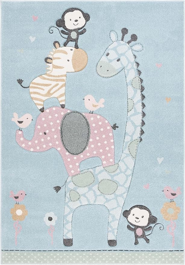 SAFAVIEH Carousel Kids Collection Area Rug - 4' x 6', Blue, Animal Design, Easy Care & Non-Shedding, Ideal for High Traffic Areas for Boys & Girls in Playroom, Nursery (CRK120K-4)