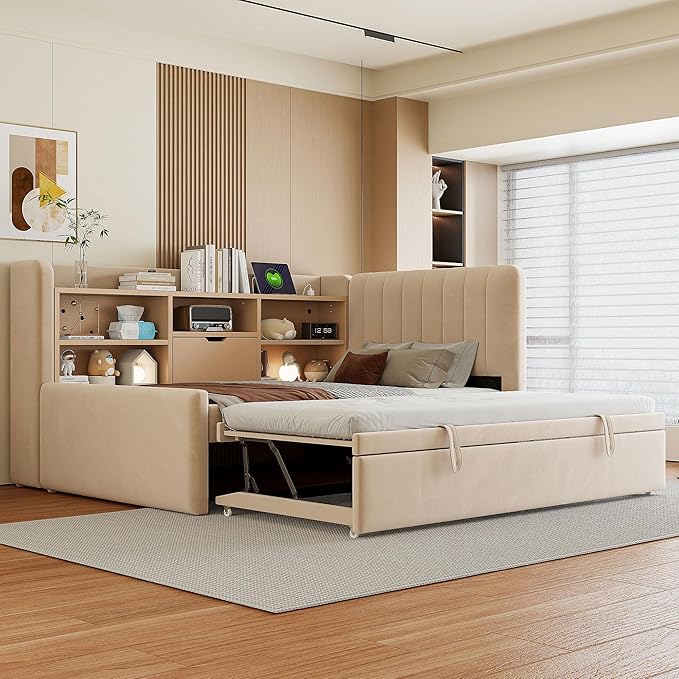 Twin Size Daybed with Trundle and Storage L-Shaped Bookshelf Headboard, Velvet Upholstered Soft Corner Bed with Charging Station and Shelves for Kids Boys Girls, Beige