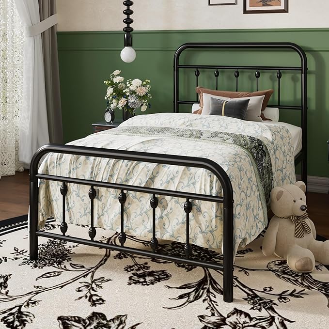 SHA CERLIN Twin Size Metal Platform Bed Frame with Victorian Style Iron-Art Headboard and Footboard, Easy Assembly, Under Bed Storage, No Box Spring Required, Black