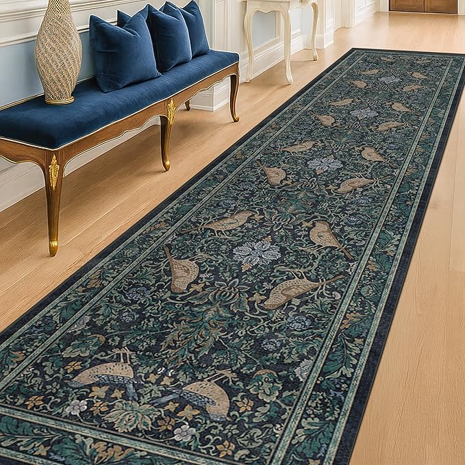 Washable 2x10 Extra Long Runner Rugs for Hallyway - Blue and Green Low Plie Indoor Rugs for Entryway, Floral Non Skid Waterproof Kitchen Floor Mats, Nature Leaf & Bird Décor