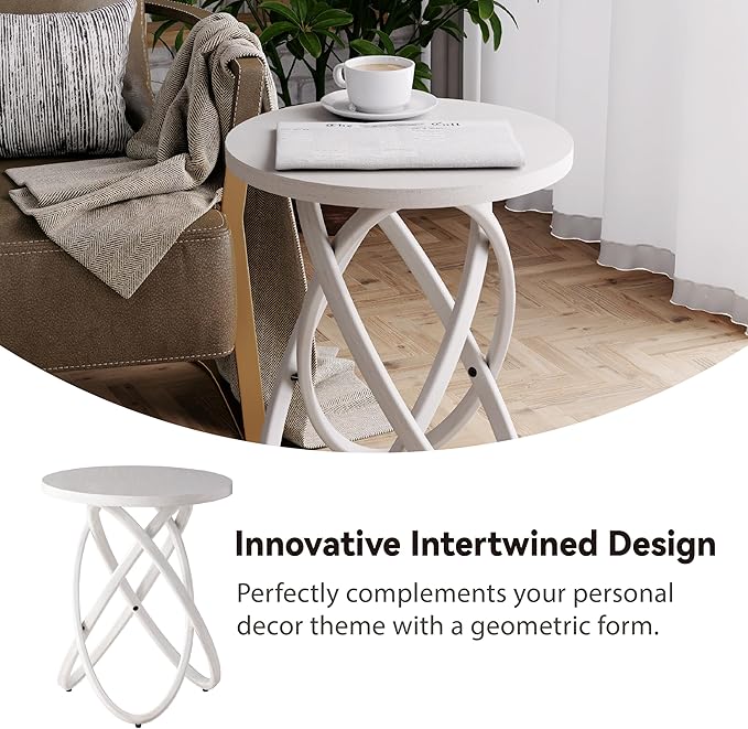 COZAYH Round End Table Farmhouse Wood Side Table Rustic Plant Stand with Intertwined Line Design for Living Room, Office, White