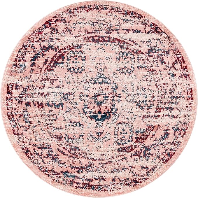 Rugs.com Charleston Collection Rug – 5 Ft Round Pink Low-Pile Rug Perfect for Kitchens, Dining Rooms