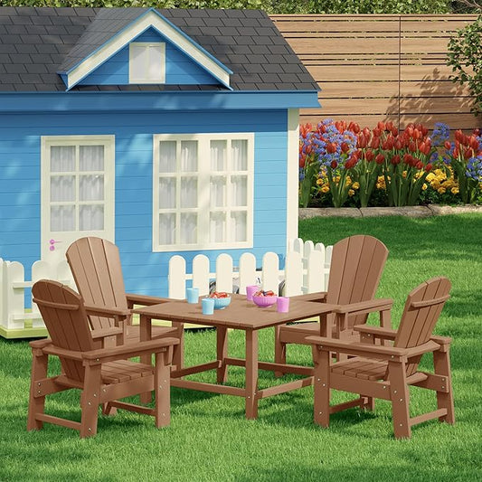 Costaelm Paradise Kids 5-Piece HDPE Outdoor Square Patio Dining Table and Chairs Set, Teak
